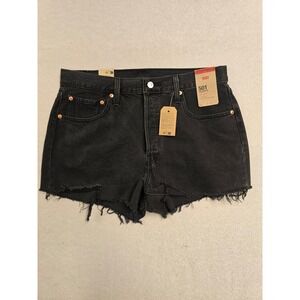 Levis 501 Original Shorts Womens 32 Black Denim Cut Off High Rise Button Fly NEW